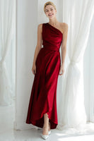 Laden Sie das Bild in den Galerie-Viewer, Blaues Langes Brautjungfernkleid aus Satin mit einer Schulter und Rüschen