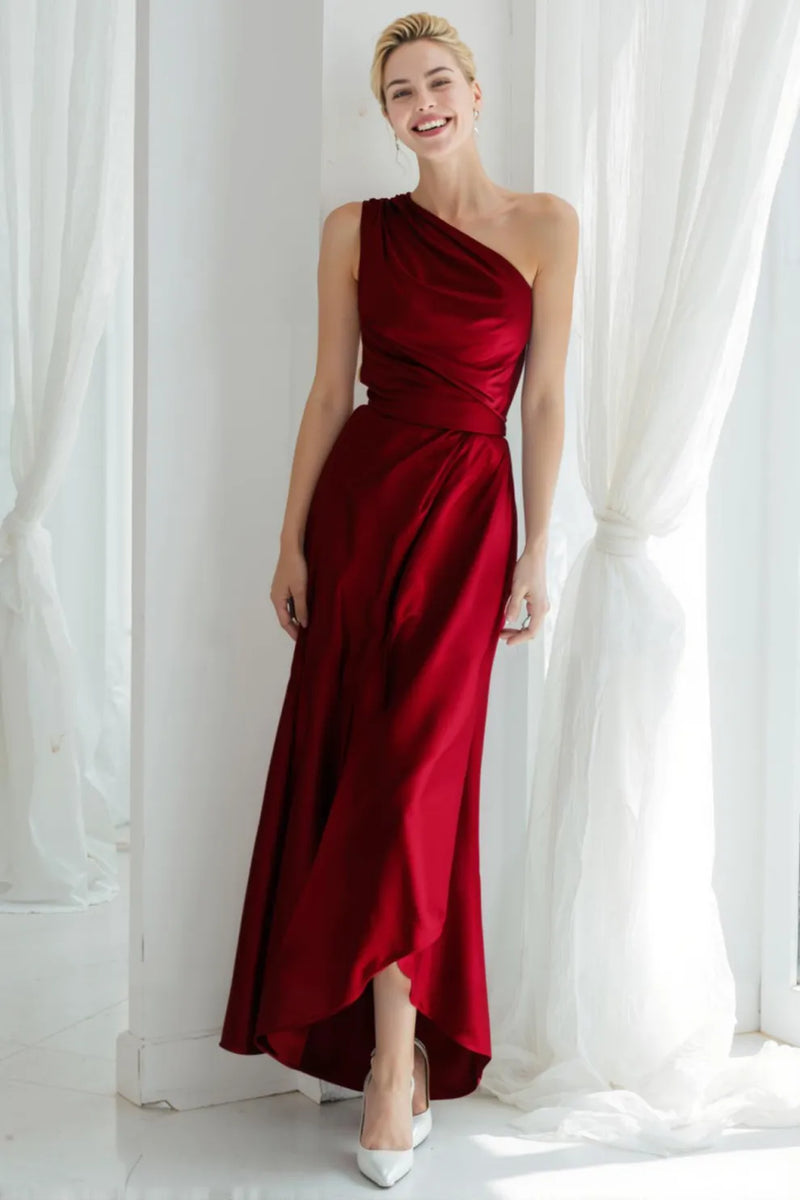 Laden Sie das Bild in den Galerie-Viewer, Blaues Langes Brautjungfernkleid aus Satin mit einer Schulter und Rüschen