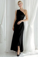 Laden Sie das Bild in den Galerie-Viewer, Blaues Langes Brautjungfernkleid aus Satin mit einer Schulter und Rüschen