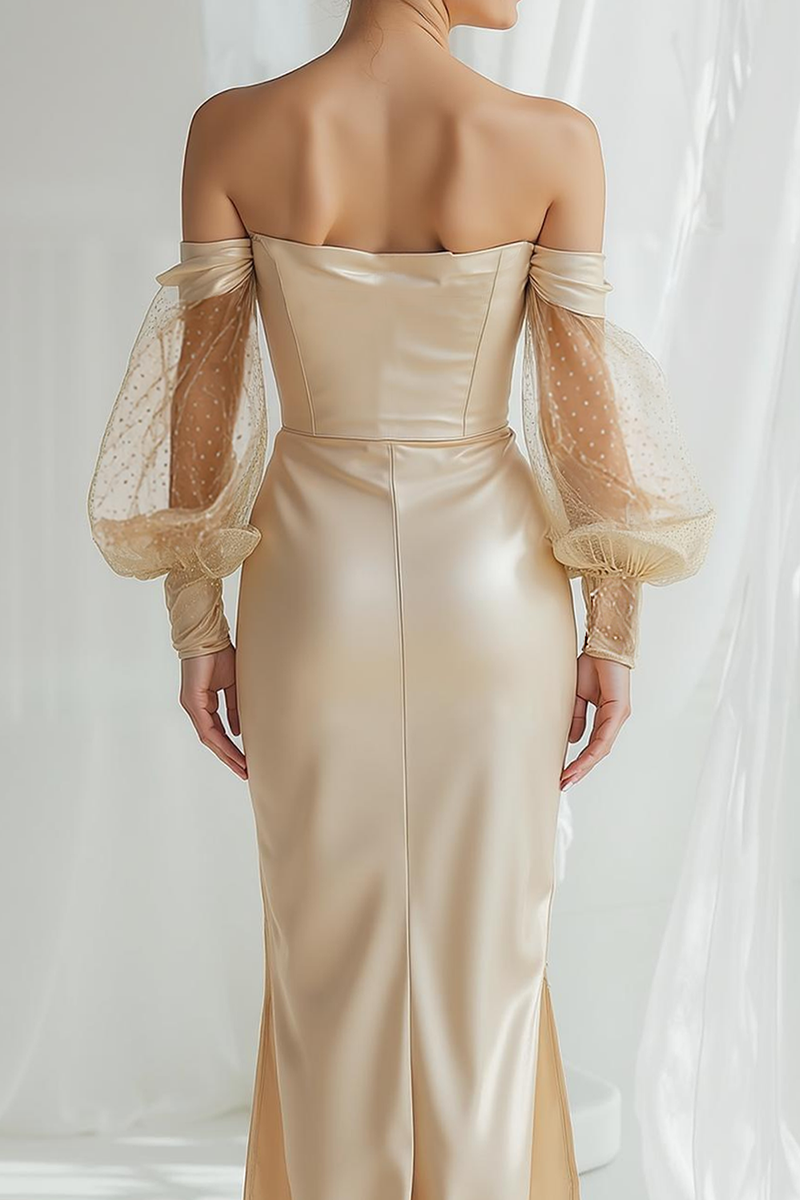 Laden Sie das Bild in den Galerie-Viewer, Champagner Satin Schulterfreies Etui Langes Brautjungfernkleid mit Ärmeln