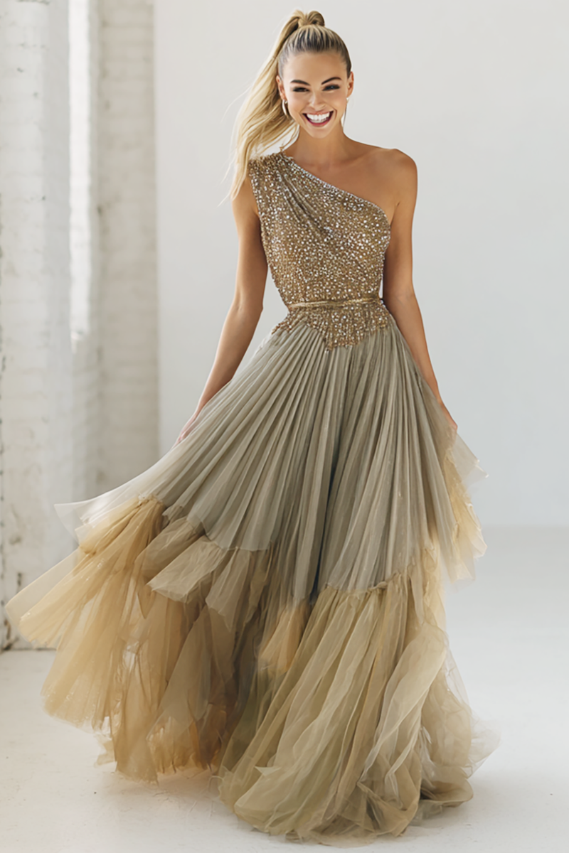 Laden Sie das Bild in den Galerie-Viewer, Glitzerndes Marineblaues Eine Schulter Pailletten A-Linie Hochzeitsgastkleid mit Rüschen