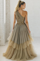 Laden Sie das Bild in den Galerie-Viewer, Glitzerndes Marineblaues Eine Schulter Pailletten A-Linie Hochzeitsgastkleid mit Rüschen