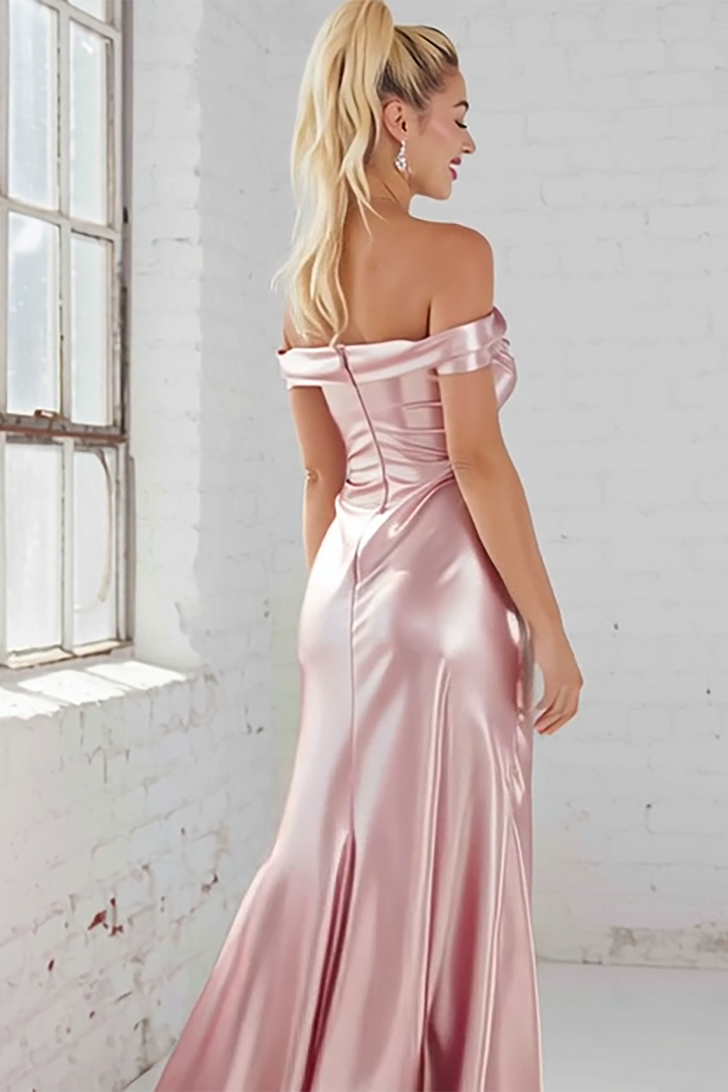 Laden Sie das Bild in den Galerie-Viewer, Rosa Satin Etui mit Rüschen Schulterfreies Langes Brautjungfernkleid