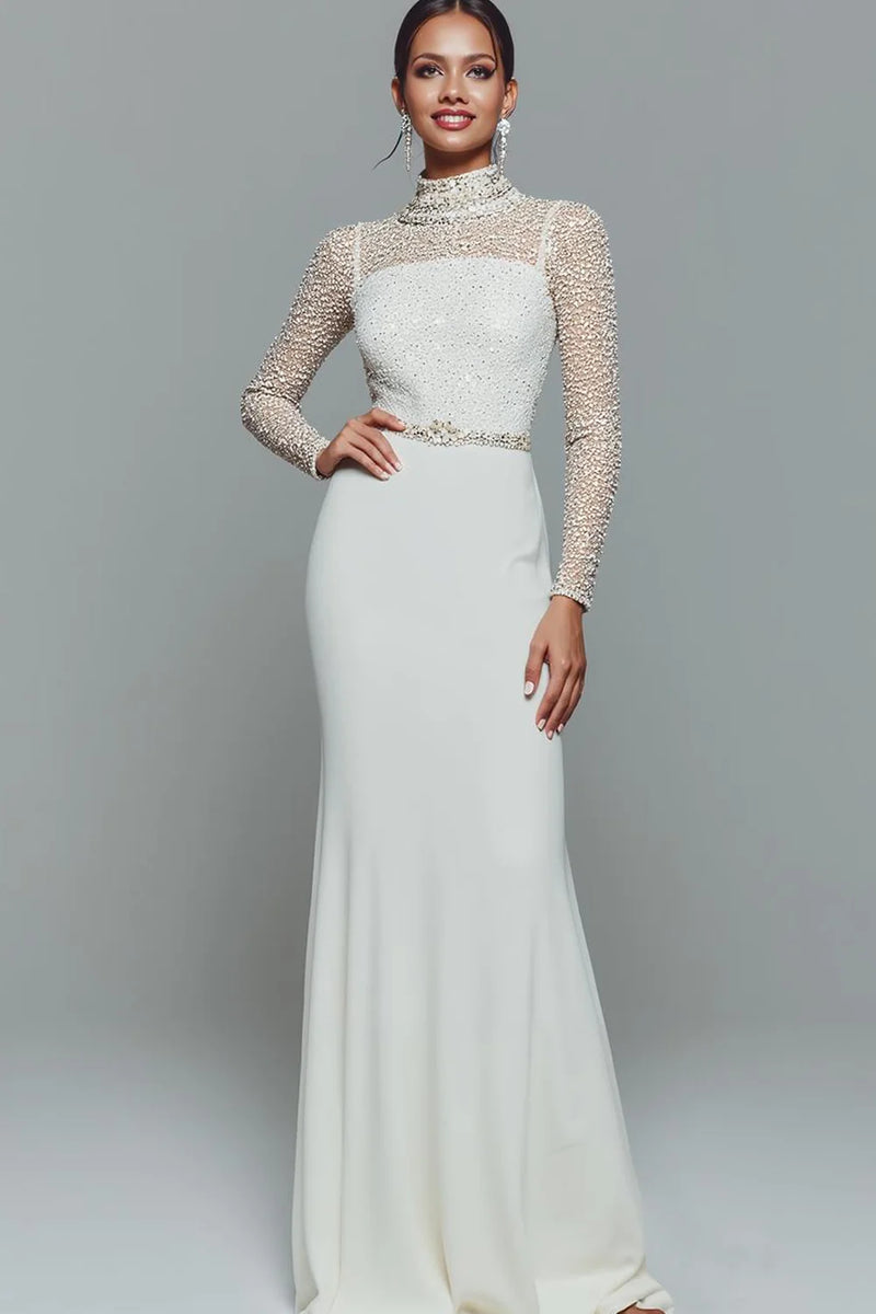 Laden Sie das Bild in den Galerie-Viewer, Elegantes Weißes Chiffon Standesamtkleid mit hohem Ausschnitt und langen Ärmeln