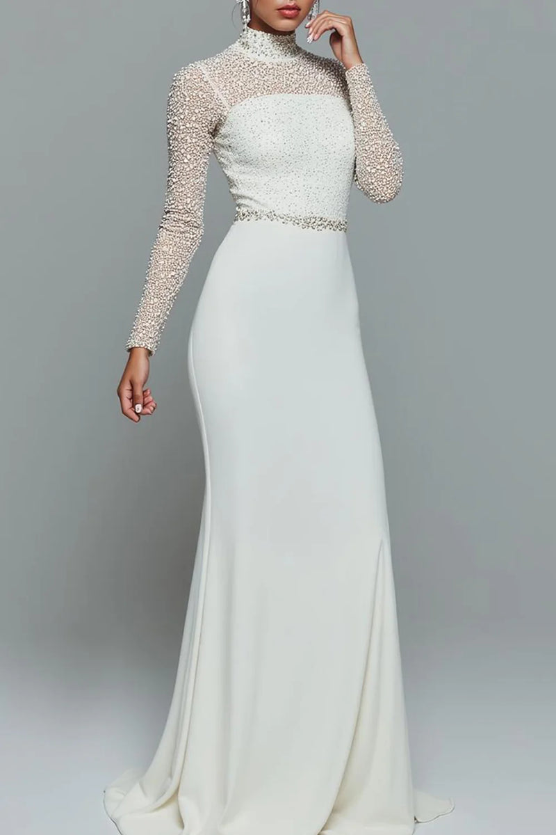 Laden Sie das Bild in den Galerie-Viewer, Elegantes Weißes Chiffon Standesamtkleid mit hohem Ausschnitt und langen Ärmeln