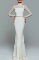 Laden Sie das Bild in den Galerie-Viewer, Elegantes Weißes Chiffon Standesamtkleid mit hohem Ausschnitt und langen Ärmeln