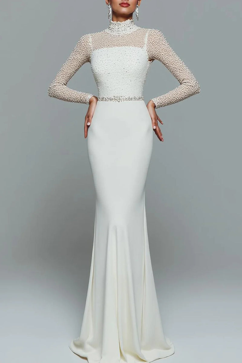 Laden Sie das Bild in den Galerie-Viewer, Elegantes Weißes Chiffon Standesamtkleid mit hohem Ausschnitt und langen Ärmeln