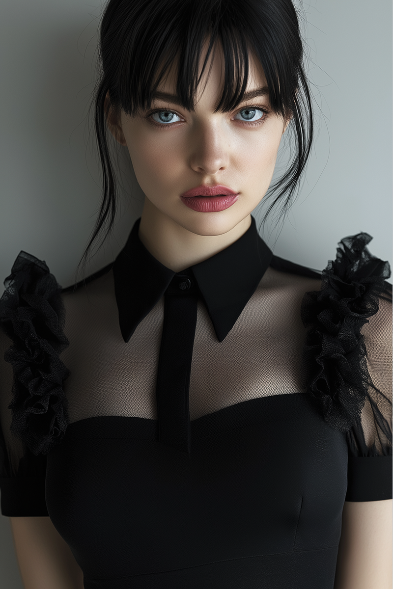 Laden Sie das Bild in den Galerie-Viewer, Schwarzes A-Linie Cocktailkleid mit hohem Ausschnitt aus Tüll