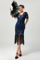 Laden Sie das Bild in den Galerie-Viewer, Aprikose Fransen Pailletten Flapperkleid aus den 1920er Jahren mit kurzen Ärmeln