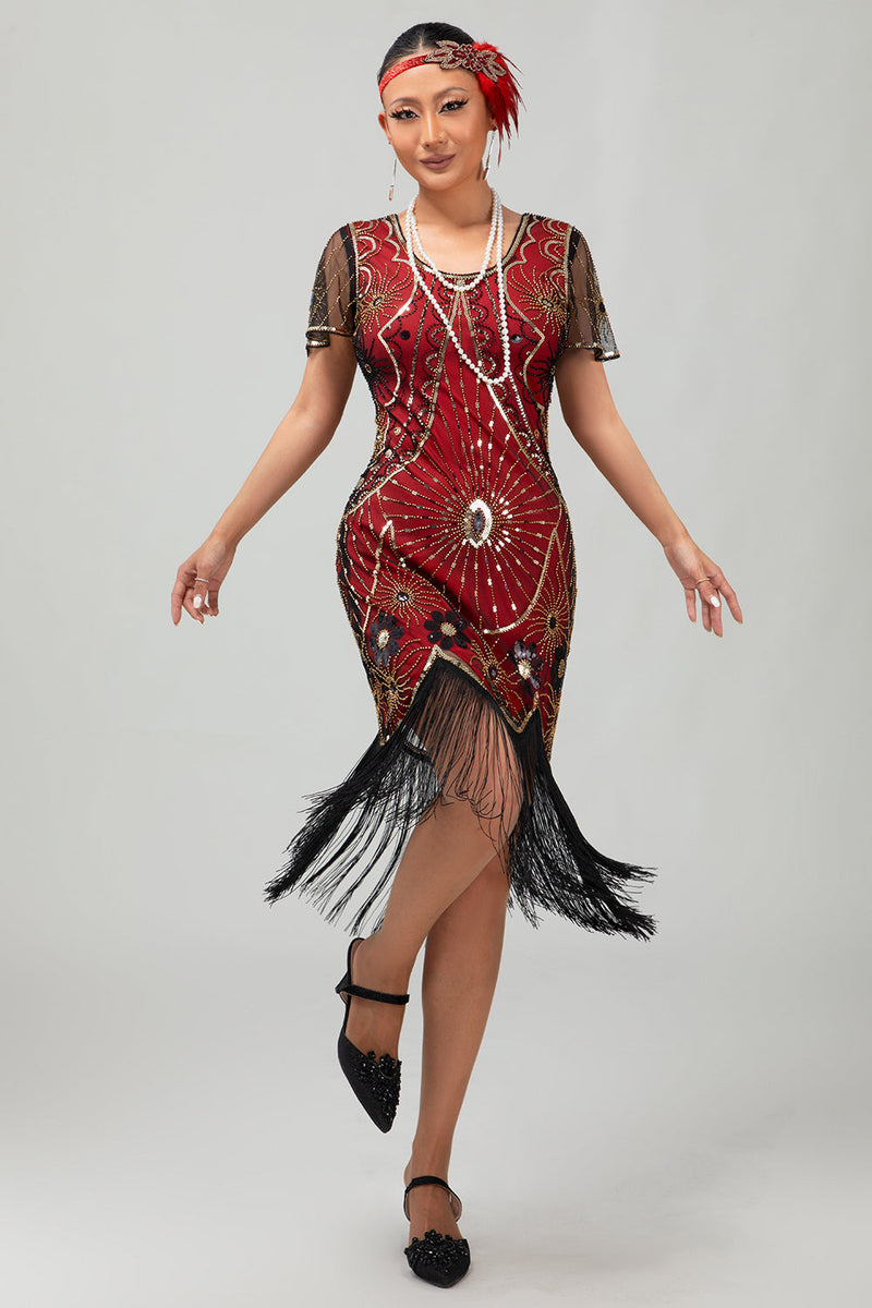 Laden Sie das Bild in den Galerie-Viewer, Pailletten Fransen Rundhalsausschnitt Schwarz Rot 1920er Jahre Kleid mit 5-teiligem Accessoire-Set