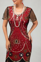 Laden Sie das Bild in den Galerie-Viewer, Pailletten Fransen Rundhalsausschnitt Schwarz Rot 1920er Jahre Kleid mit 5-teiligem Accessoire-Set