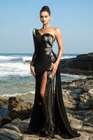Laden Sie das Bild in den Galerie-Viewer, Eine Schulter Schwarzes Meerjungfrau Pailletten Abendkleid mit Schlitz