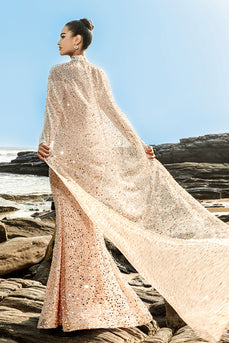 Schulterfreies Champagner Meerjungfrauen Korsett Abendkleid mit Perlen