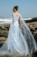 Laden Sie das Bild in den Galerie-Viewer, Blaues Abendkleid mit V-Ausschnitt und Umhangärmeln