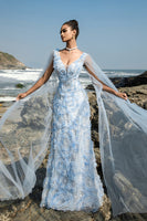 Laden Sie das Bild in den Galerie-Viewer, Blaues Abendkleid mit V-Ausschnitt und Umhangärmeln