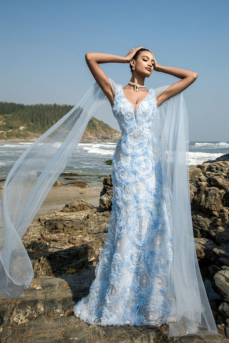 Laden Sie das Bild in den Galerie-Viewer, Blaues Abendkleid mit V-Ausschnitt und Umhangärmeln