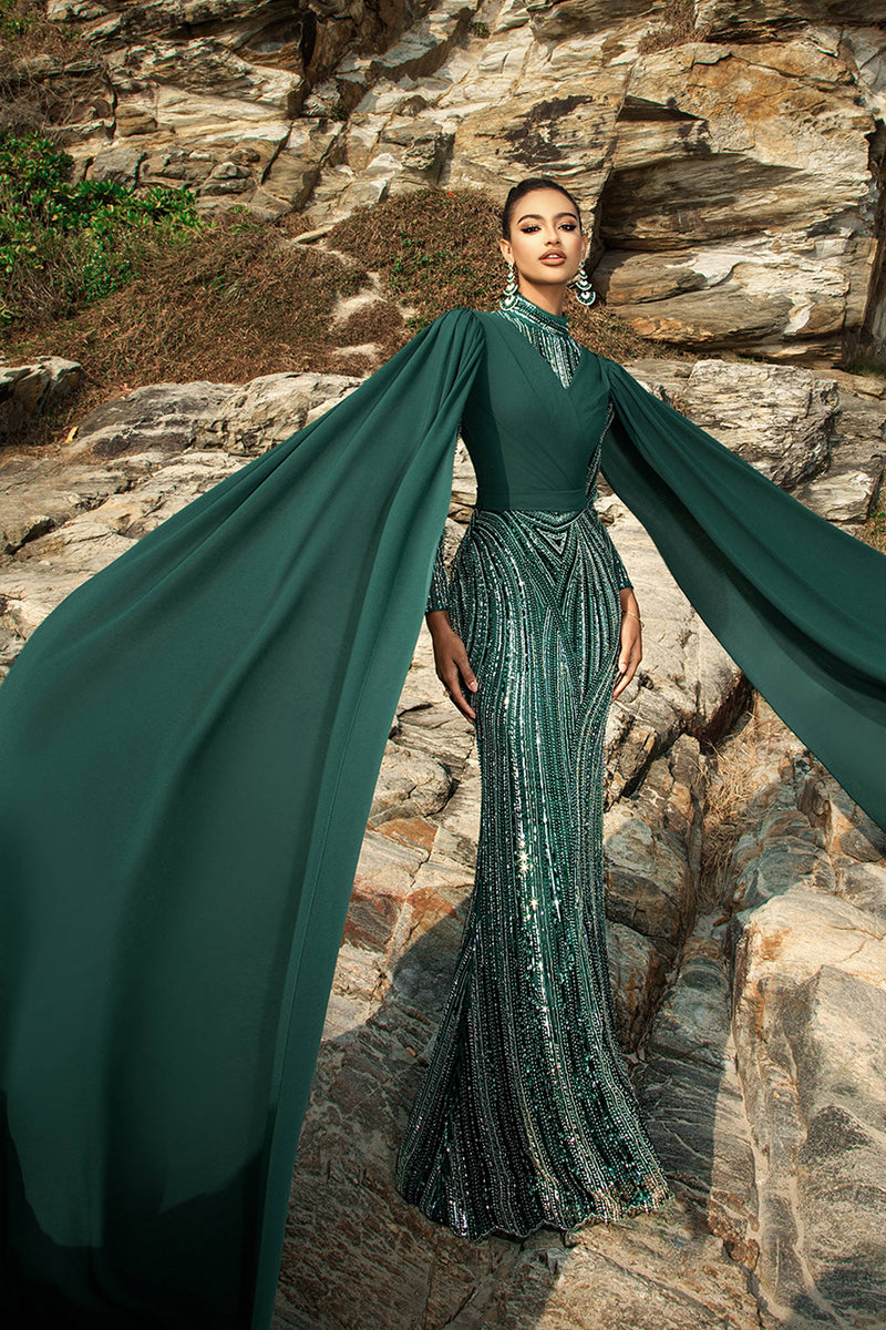 Laden Sie das Bild in den Galerie-Viewer, Glitzerndes Dunkelgrünes Meerjungfrauen Abendkleid mit Umhangärmeln