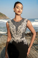 Laden Sie das Bild in den Galerie-Viewer, Schwarzes Meerjungfrau Appliquiertes Abendkleid mit abnehmbarem Umhang