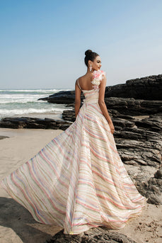 Aprikose A Linie Pailletten Abendkleid mit 3D Blumen