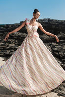 Laden Sie das Bild in den Galerie-Viewer, Aprikose A Linie Pailletten Abendkleid mit 3D Blumen