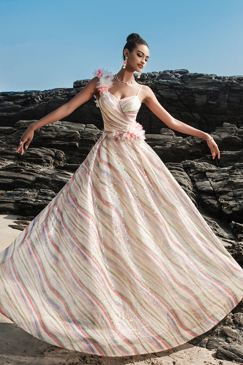 Laden Sie das Bild in den Galerie-Viewer, Aprikose A Linie Pailletten Abendkleid mit 3D Blumen