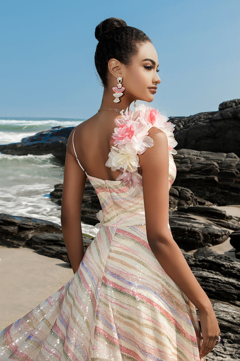 Laden Sie das Bild in den Galerie-Viewer, Aprikose A Linie Pailletten Abendkleid mit 3D Blumen