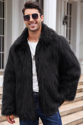 Schwarzer Flauschiger Wintermantel aus Kunstpelz für Herren