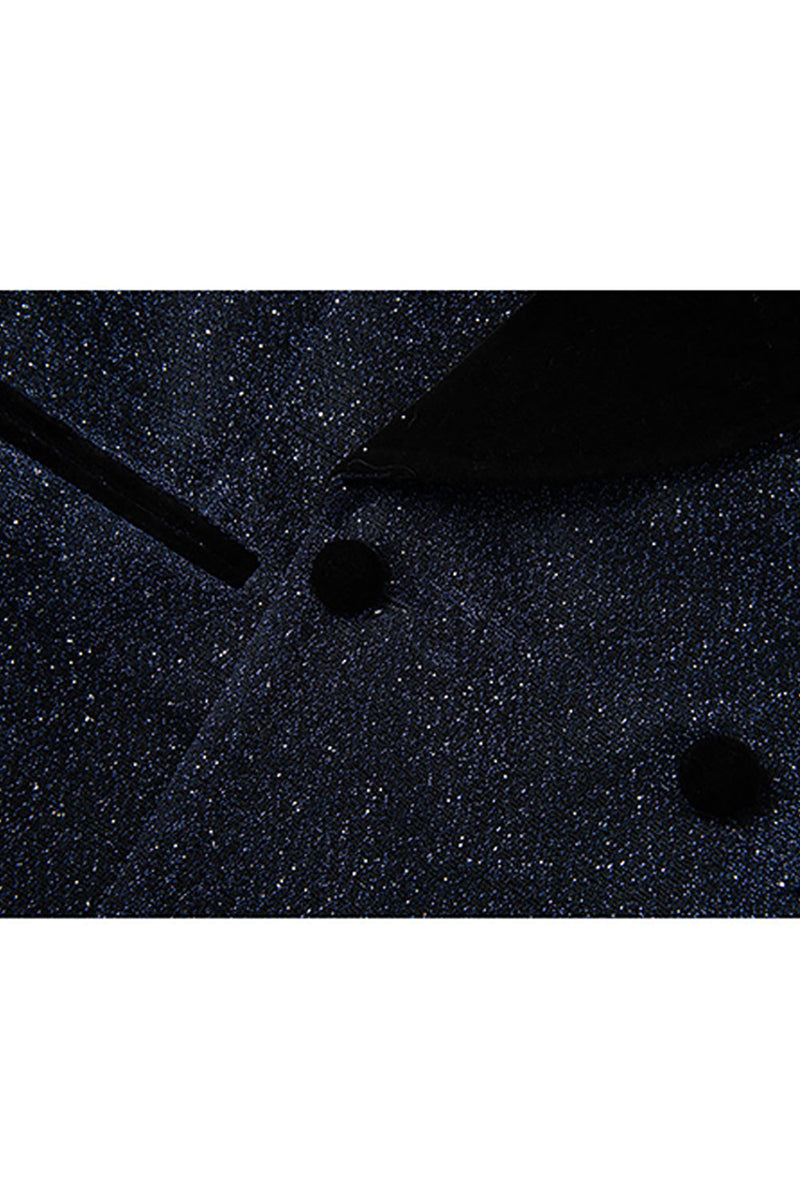 Laden Sie das Bild in den Galerie-Viewer, Glitzernder Marineblauer Pailletten Schal Revers 2 Stück Slim Fit Herren Ballanzüge