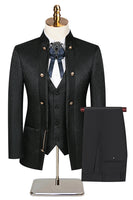 Laden Sie das Bild in den Galerie-Viewer, Stehkragen Jacquard Schwarz 3 Stück Herrenanzüge