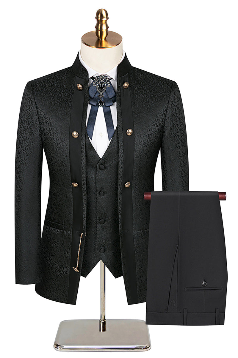 Laden Sie das Bild in den Galerie-Viewer, Stehkragen Jacquard Schwarz 3 Stück Herrenanzüge