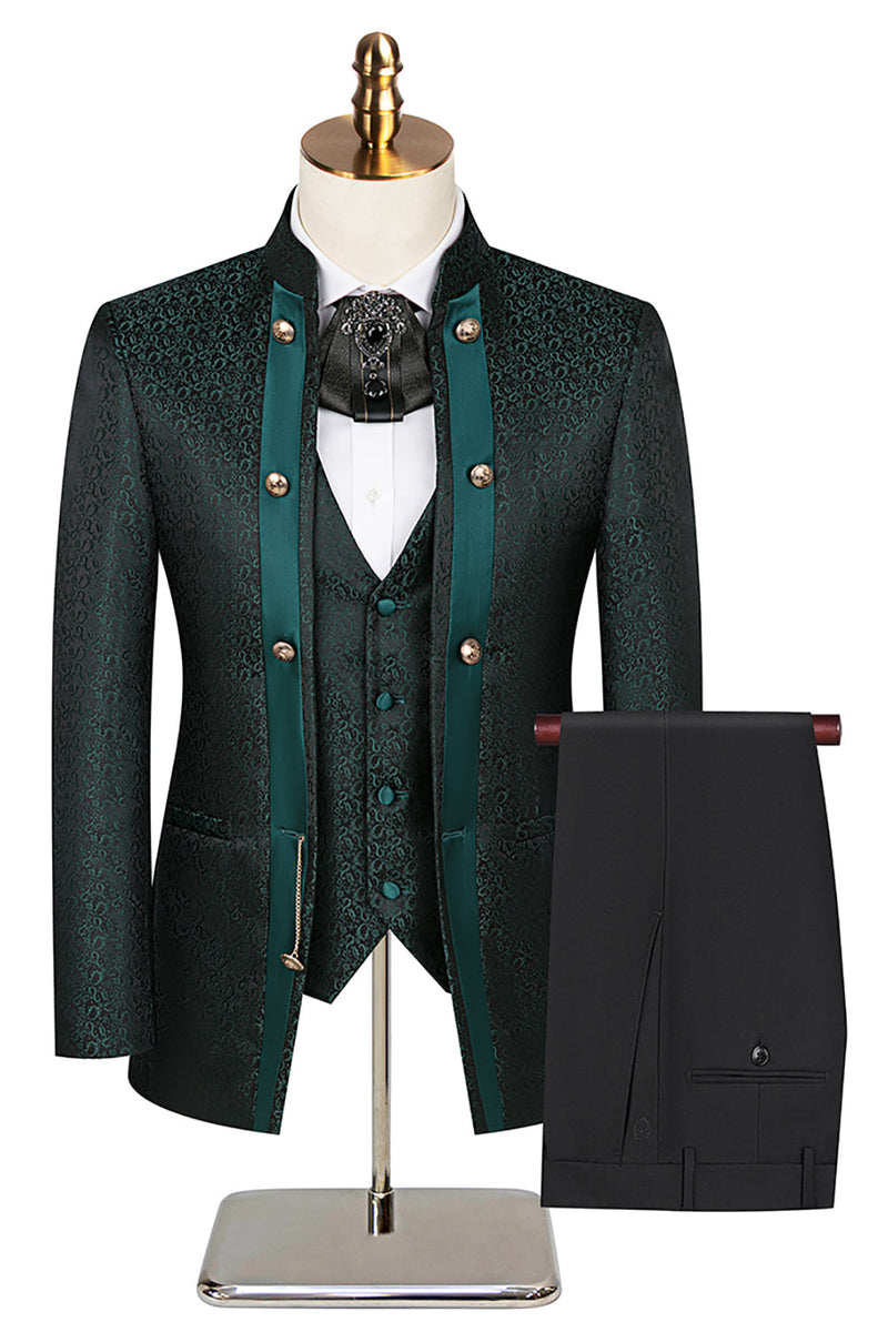 Laden Sie das Bild in den Galerie-Viewer, Stehkragen Jacquard Schwarz 3 Stück Herrenanzüge