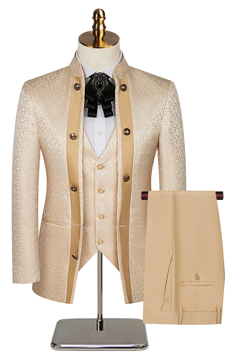 Laden Sie das Bild in den Galerie-Viewer, Stehkragen Jacquard Schwarz 3 Stück Herrenanzüge