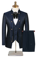 Laden Sie das Bild in den Galerie-Viewer, Stehkragen Jacquard Schwarz 3 Stück Herrenanzüge