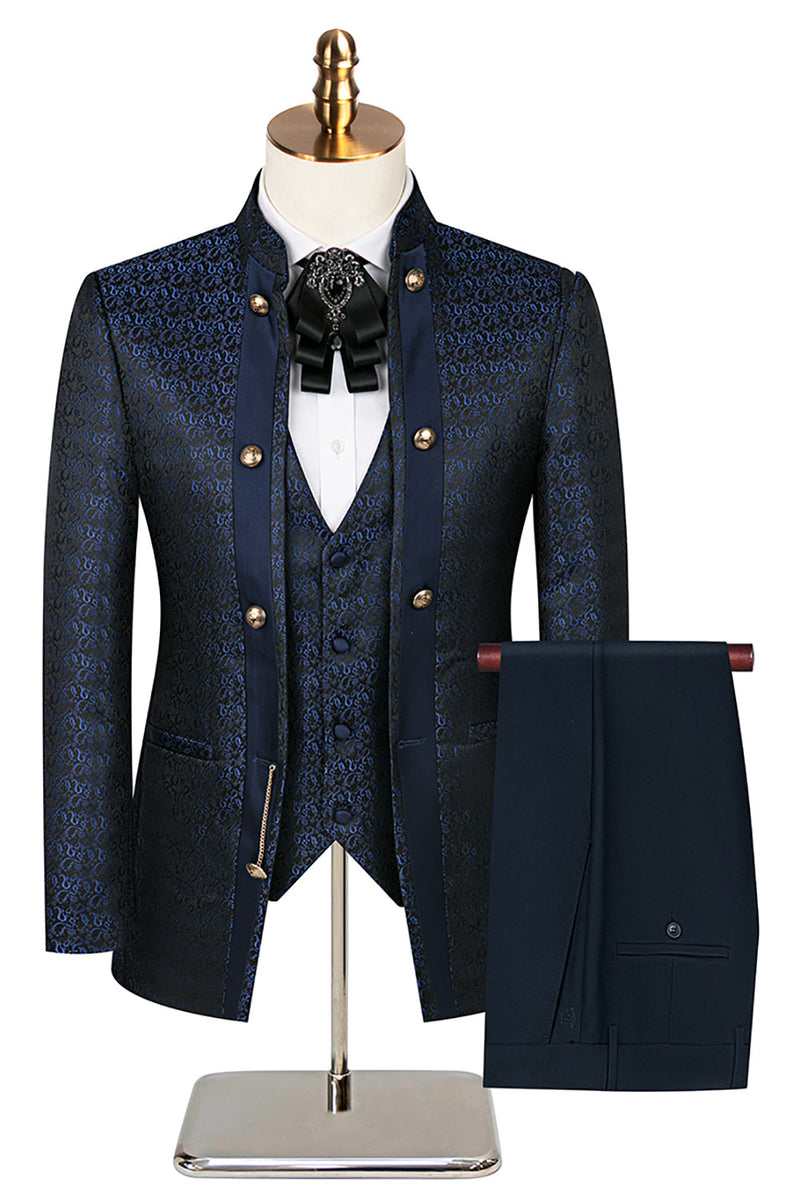 Laden Sie das Bild in den Galerie-Viewer, Stehkragen Jacquard Schwarz 3 Stück Herrenanzüge