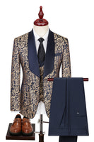 Laden Sie das Bild in den Galerie-Viewer, Dunkelgrün Jacquard Schal Revers 3 Stück Ballanzüge