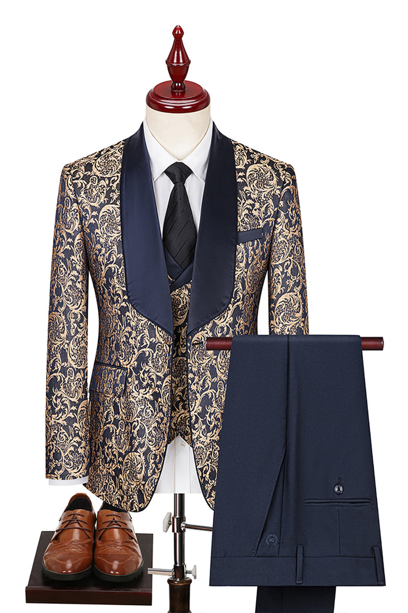 Laden Sie das Bild in den Galerie-Viewer, Dunkelgrün Jacquard Schal Revers 3 Stück Ballanzüge