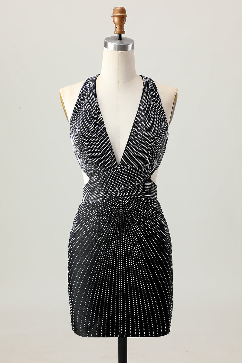 Laden Sie das Bild in den Galerie-Viewer, Schwarzes Figurbetontes Abiballkleid mit V-Ausschnitt und Perlen