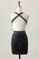 Laden Sie das Bild in den Galerie-Viewer, Schwarzes Figurbetontes Abiballkleid mit V-Ausschnitt und Perlen