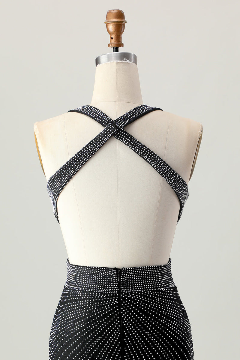 Laden Sie das Bild in den Galerie-Viewer, Schwarzes Figurbetontes Abiballkleid mit V-Ausschnitt und Perlen