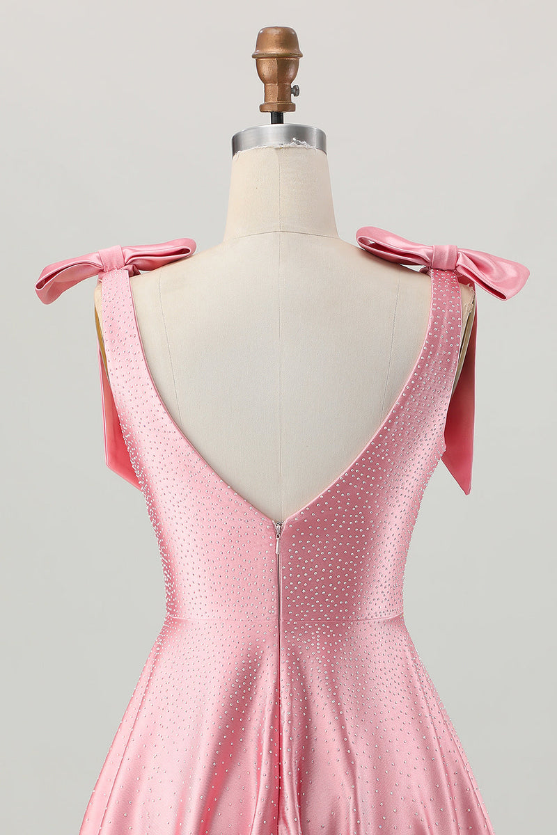 Laden Sie das Bild in den Galerie-Viewer, Rosafarbenes A-Linien-Homecoming-Kleid aus Satin mit V-Ausschnitt und Schleifen