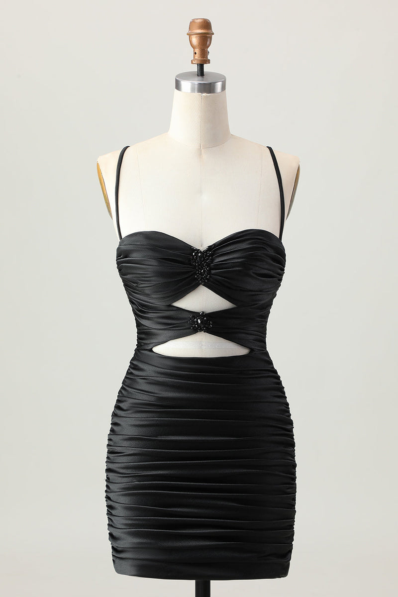 Laden Sie das Bild in den Galerie-Viewer, Dunkles Khaki Gerafftes Enges Mini Cocktailkleid mit Schnürung am Rücken