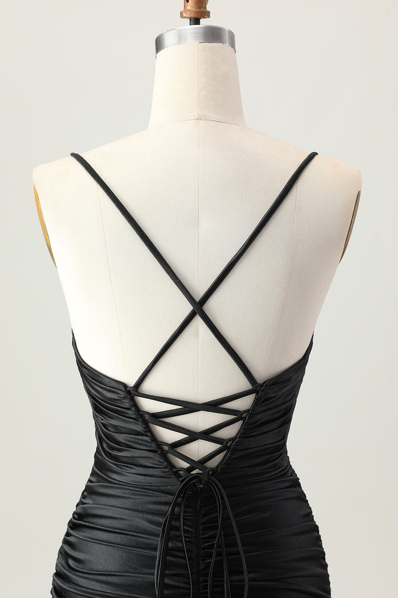 Laden Sie das Bild in den Galerie-Viewer, Dunkles Khaki Gerafftes Enges Mini Cocktailkleid mit Schnürung am Rücken