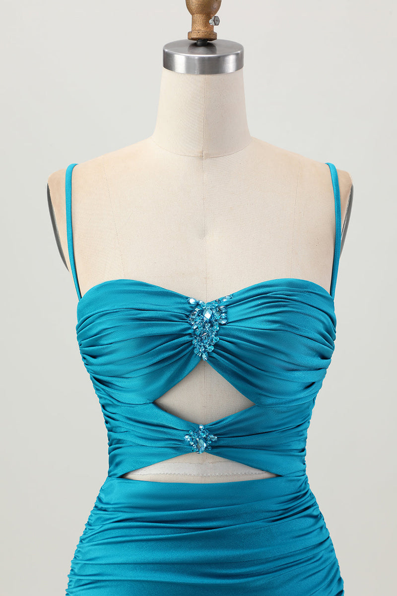 Laden Sie das Bild in den Galerie-Viewer, Dunkles Khaki Gerafftes Enges Mini Cocktailkleid mit Schnürung am Rücken