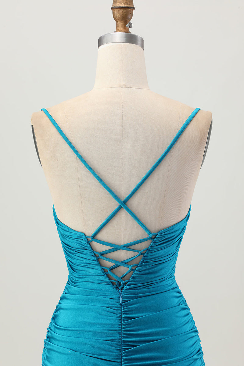 Laden Sie das Bild in den Galerie-Viewer, Dunkles Khaki Gerafftes Enges Mini Cocktailkleid mit Schnürung am Rücken