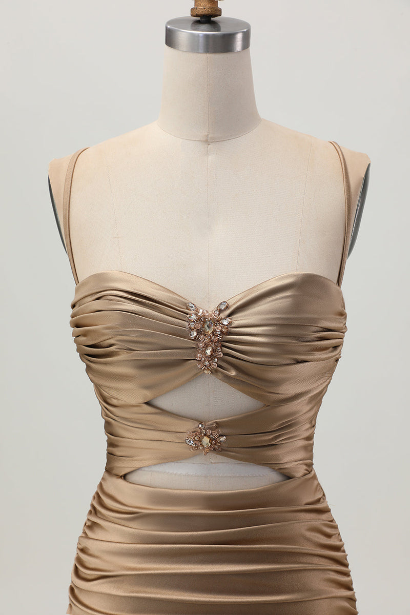 Laden Sie das Bild in den Galerie-Viewer, Dunkles Khaki Gerafftes Enges Mini Cocktailkleid mit Schnürung am Rücken