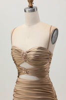 Laden Sie das Bild in den Galerie-Viewer, Dunkles Khaki Gerafftes Enges Mini Cocktailkleid mit Schnürung am Rücken
