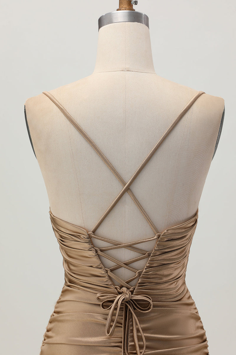 Laden Sie das Bild in den Galerie-Viewer, Dunkles Khaki Gerafftes Enges Mini Cocktailkleid mit Schnürung am Rücken