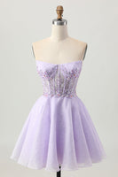 Laden Sie das Bild in den Galerie-Viewer, Glitzerndes A Linie Trägerloses Pailletten Mini Cocktailkleid mit Schnürung und Perlenstickerei