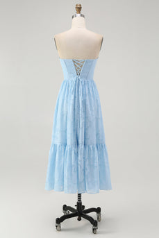 Trägerloses Himmelblaues Korsett A-Linie Midi Brautjungfernkleid