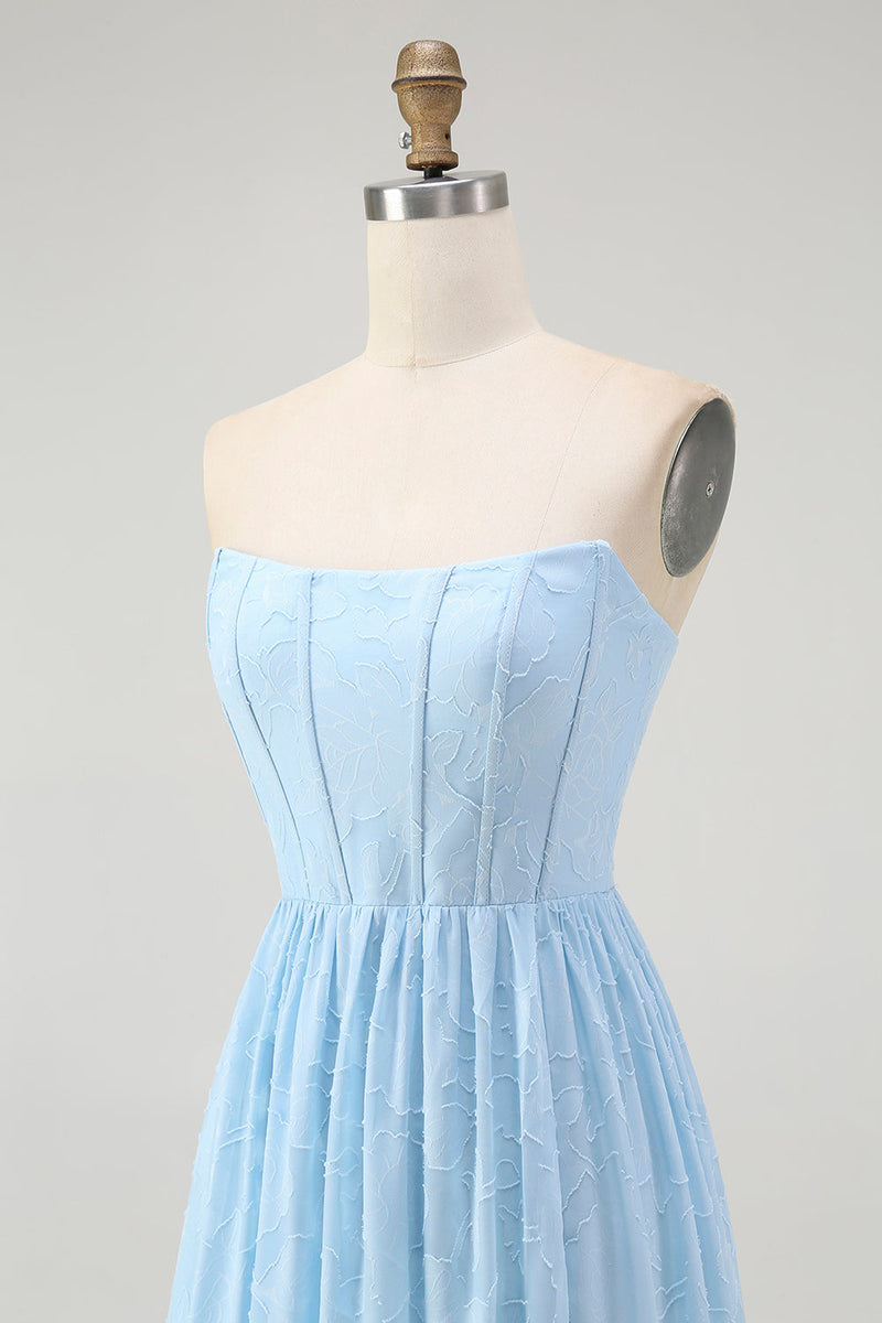 Laden Sie das Bild in den Galerie-Viewer, Trägerloses Himmelblaues Korsett A-Linie Midi Brautjungfernkleid